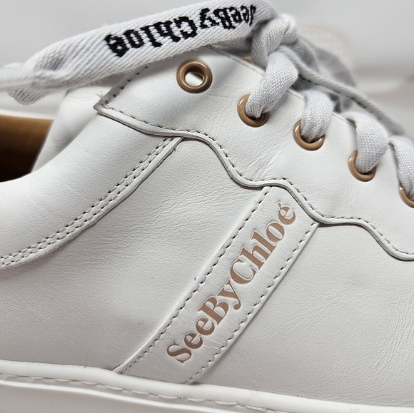 See By Chloe Womens White Leather Sneakers Size 42=12 Lace Up Casual Comfort - Picture 8 of 15